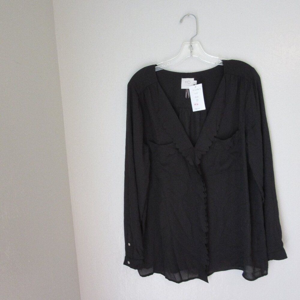 HD Anthropologie Black Scallop Trim 14 Pullover Long Sleeve Pocket Blouse